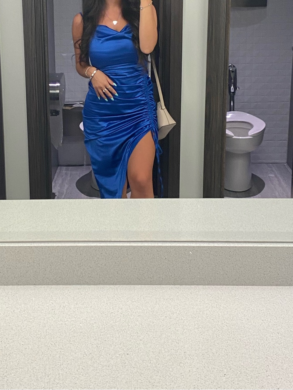 Missguided Blue Satin Cowl Ruched Side Midi Dress - Picture 2 of 5